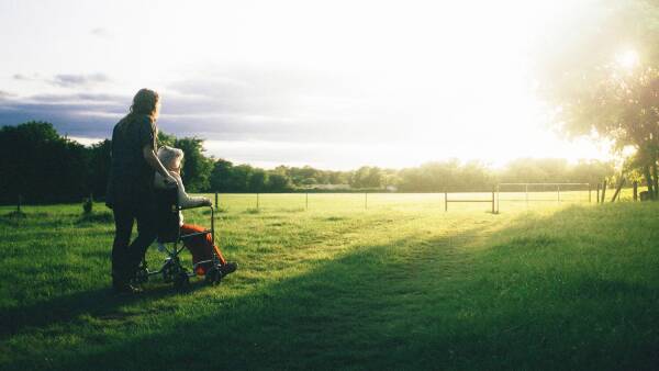 Care assistant pushing a vistor in their wheelchair on a sunny day looking out at the green fields of Bodenham Arboretum