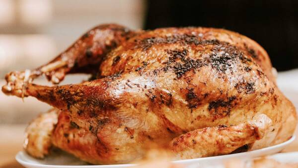 Roasted turkey with seasoning, placed on a white plate.